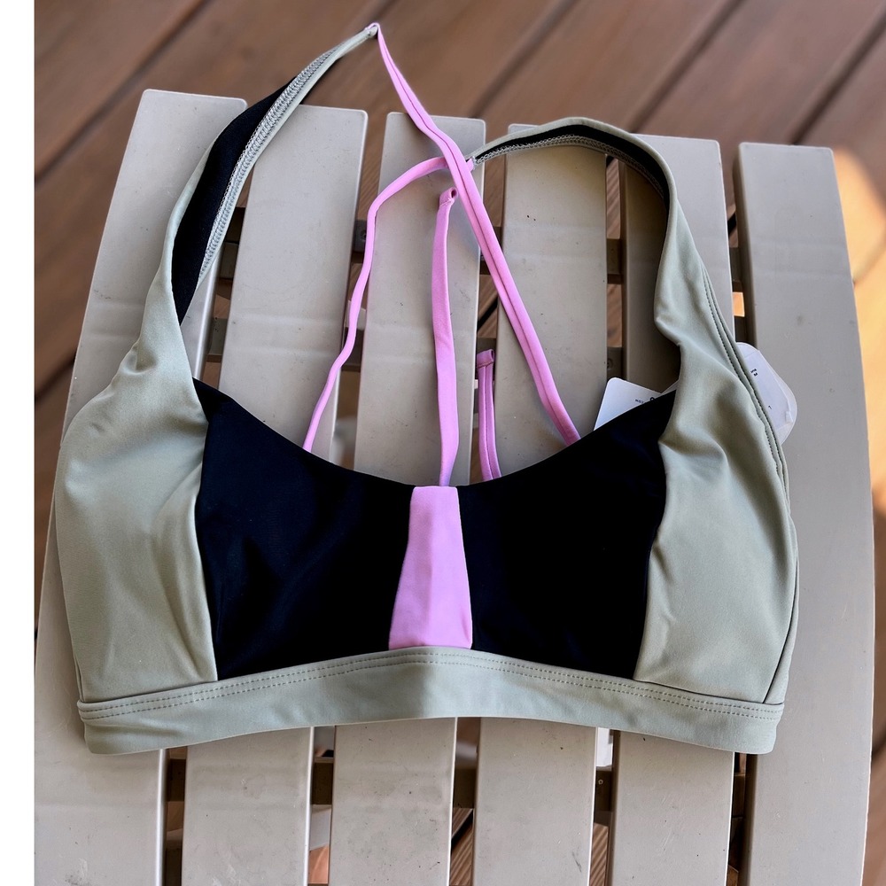 Prana Tulum Colorblock Halter Bikini Top XS Black Pink Beige Eco Econo Quick Dry
